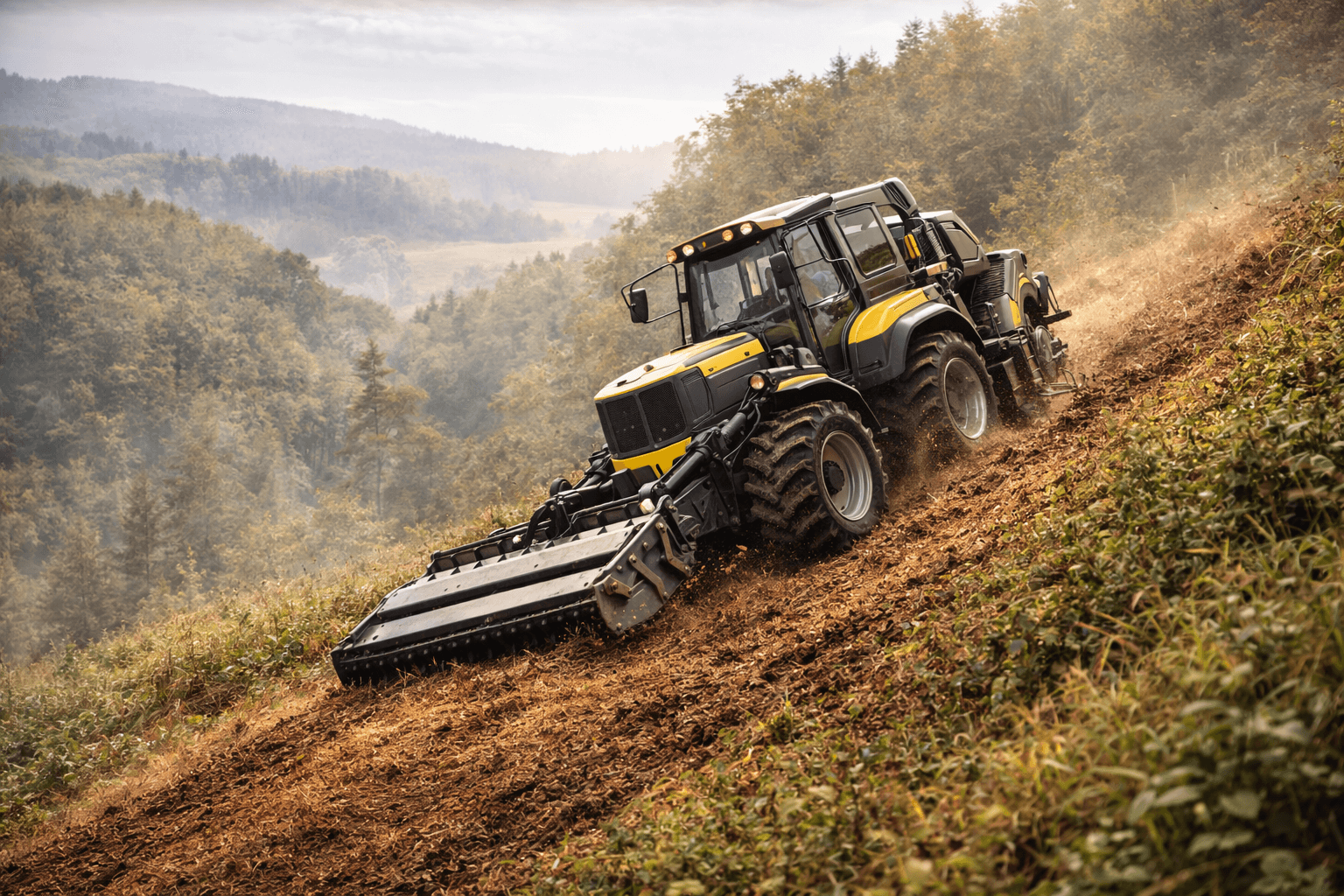 Forestry mulcher at work on steep hillside
